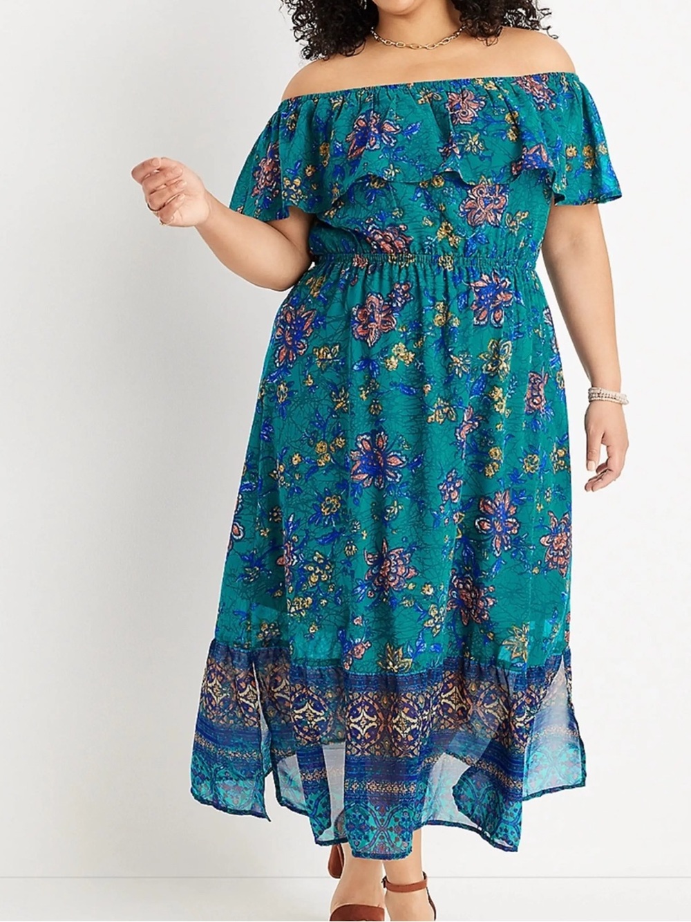 Maurices Women XL Teal Mixed Floral Boho Ruffle Off The Shoulder Maxi Dress